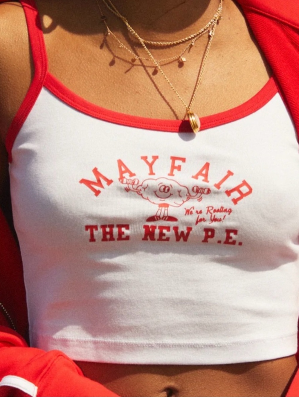 The Mayfair Group Red & White Graphic Crop Tank as seen Hailey Bieber - Picture 2 of 6
